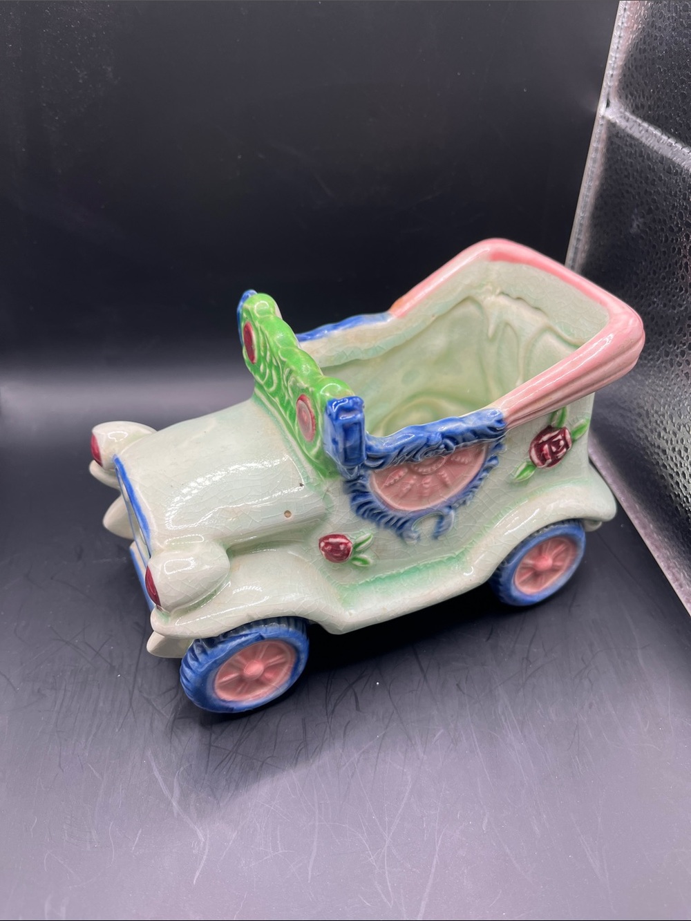 Antique Ceramic Old Car Planter in Light Green and Pink